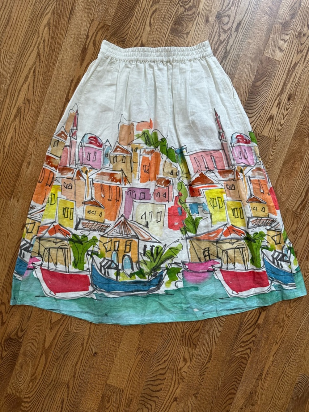 Boden Verity Linen Midi Skirt Coastal Harbor Print Size 6R Watercolor Scene - Picture 4 of 6